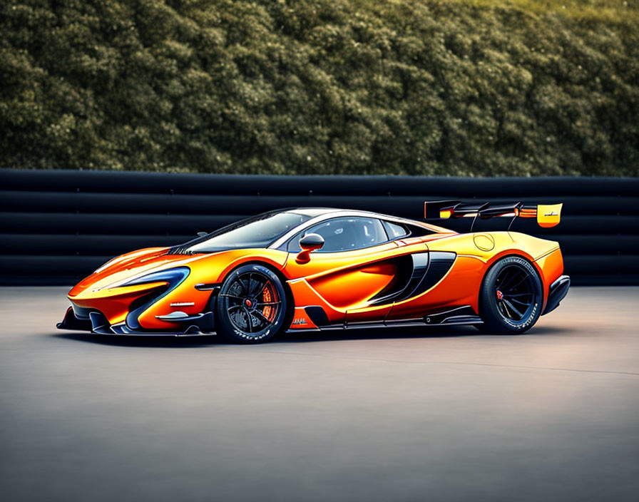 Orange sports car with black accents and rear spoiler racing on track.