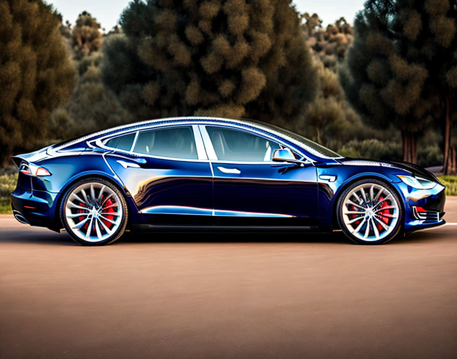 Blue Tesla Model S with Red Brake Calipers Parked Outdoors at Dusk