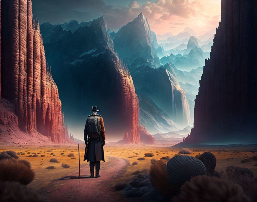 Lone figure on desert path with cliffs and mountains under dramatic sky