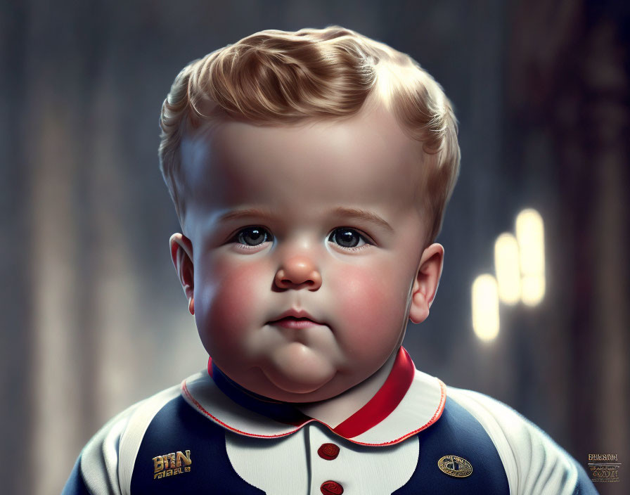 Photorealistic digital artwork of a blond baby in navy and white outfit