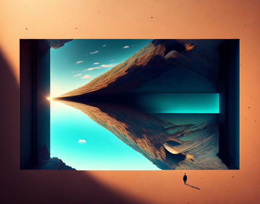 Person standing before surreal inverted mountain landscape through window