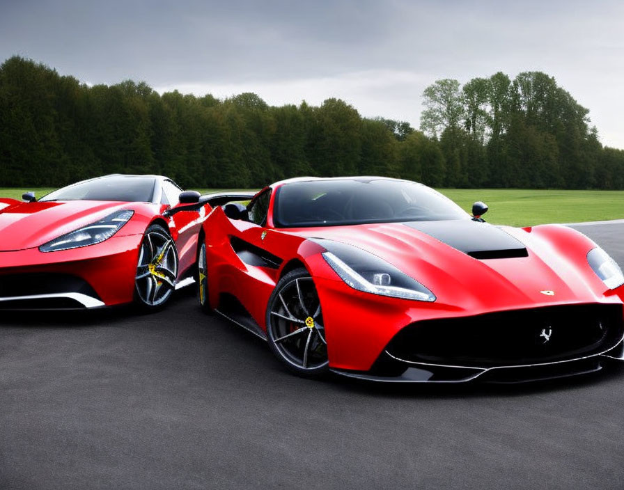 Red sports cars on asphalt with lush green lawn and trees