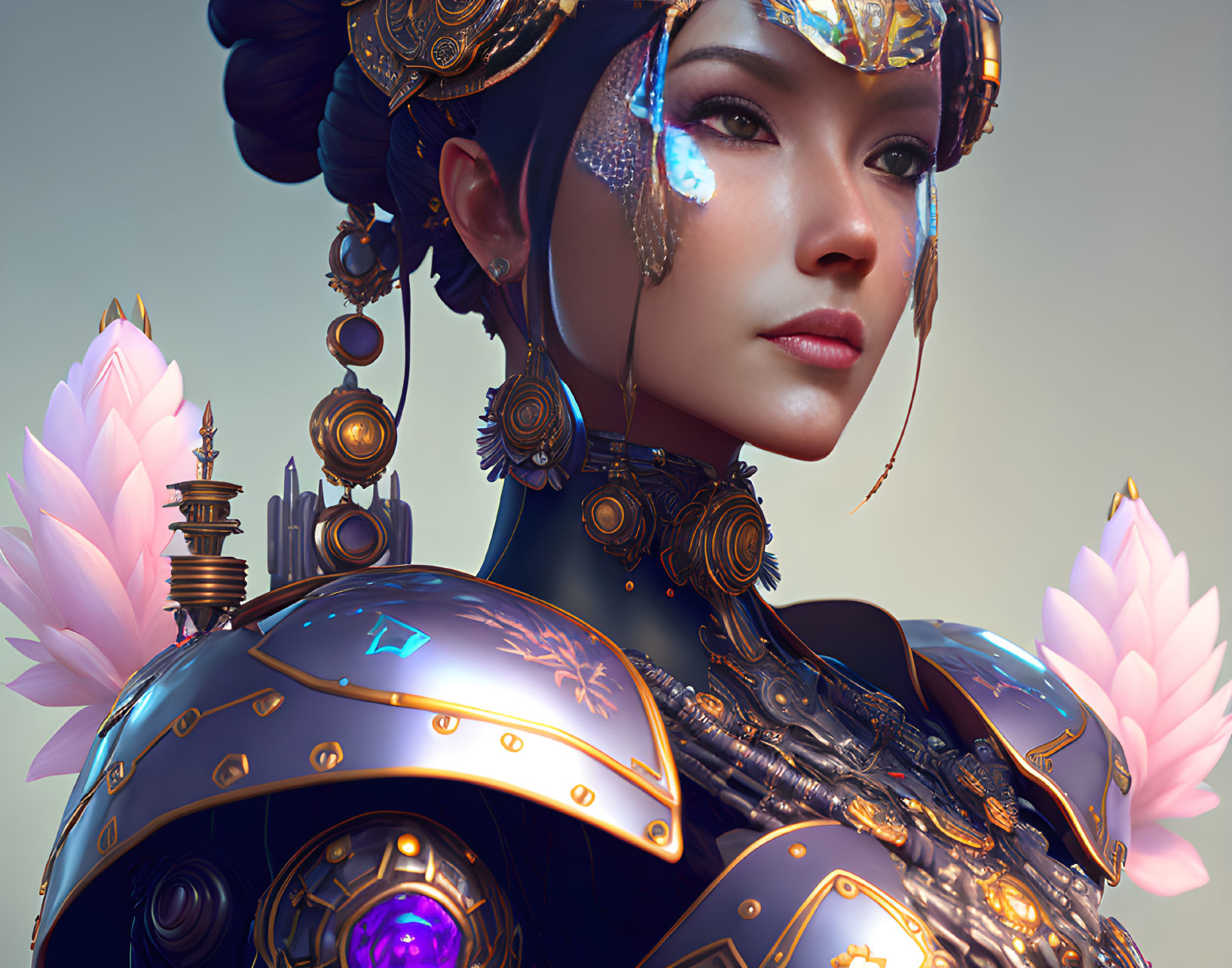 Detailed futuristic armor on female character with Asian jewelry in lotus flower setting