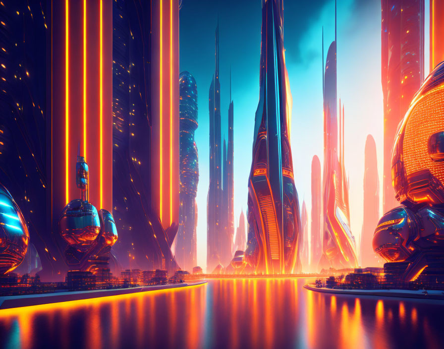 Futuristic twilight cityscape with neon lights and skyscrapers