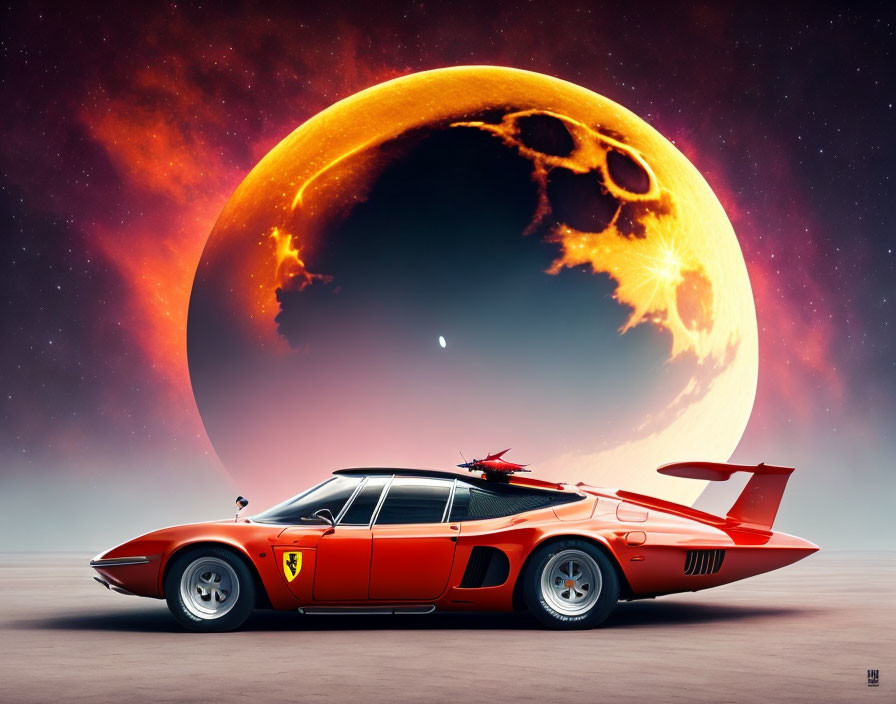 Vintage sports car with large wing under surreal sky with detailed moon - striking image.