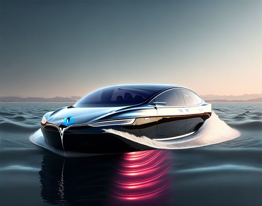 Sleek futuristic car gliding on water with neon underglow