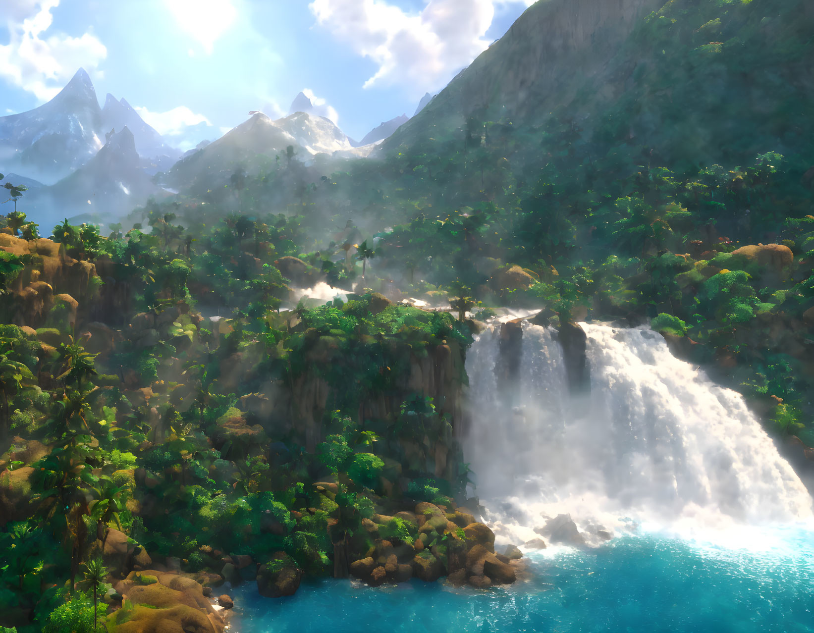 Tropical landscape with waterfall, lagoon, forest, and mountains