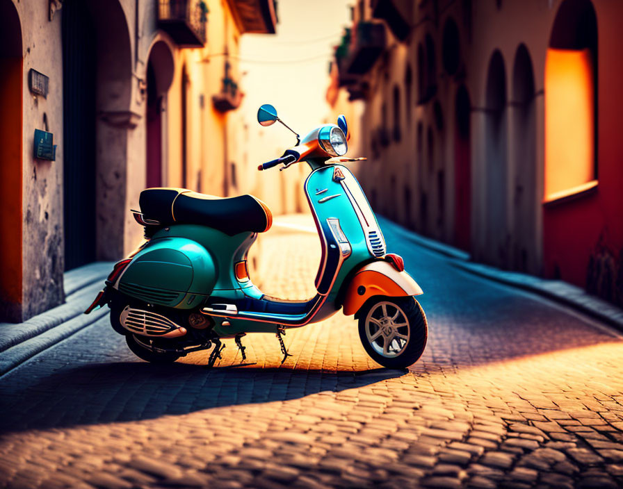 Vintage Scooter on Cobblestone Street in European Alley at Sunset