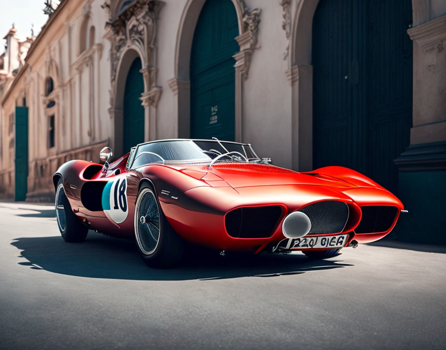 Vintage Red Race Car with Number 18 on Cobblestone Street