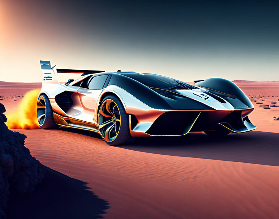 Futuristic sports car with blue and orange livery in desert sunset.