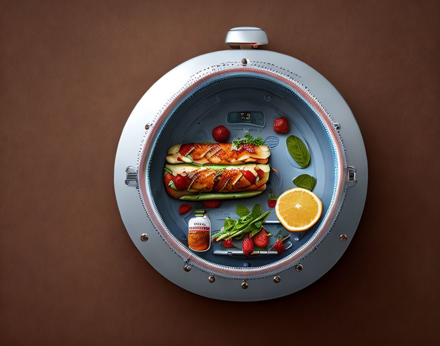 Whimsical submarine sandwich with fresh produce in washing machine porthole