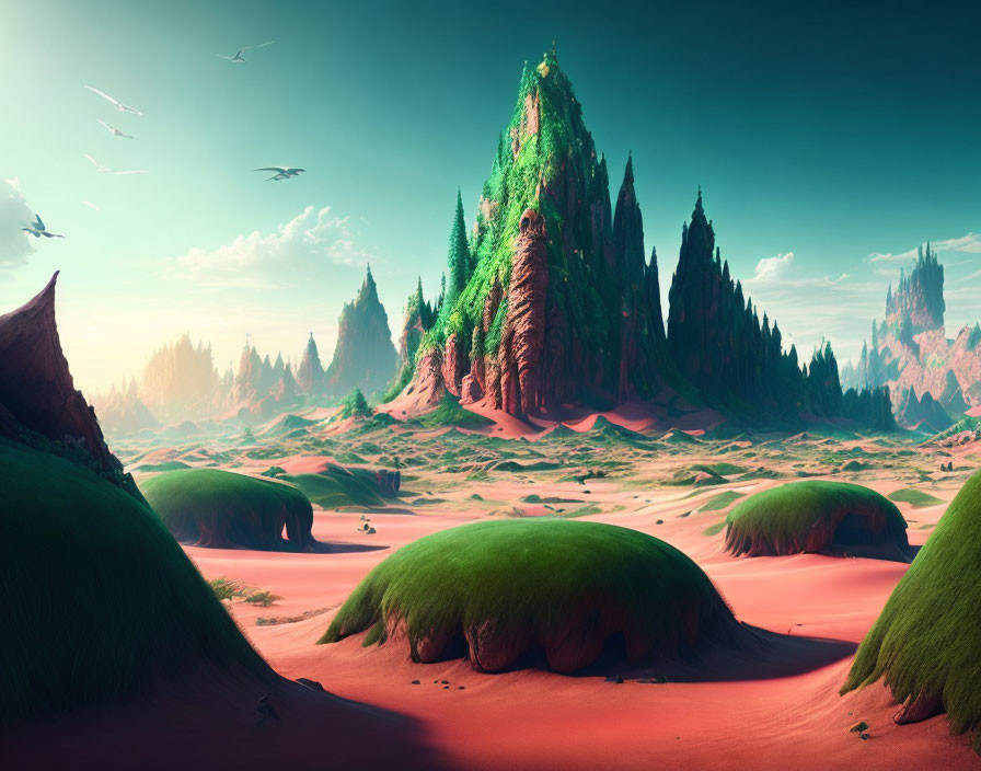 Fantastical landscape: lush green peaks in desert under clear sky