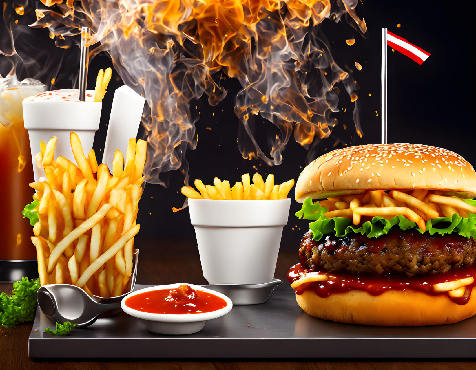 Flames surrounding cheeseburger, fries, ketchup, and drink with flag on dark background