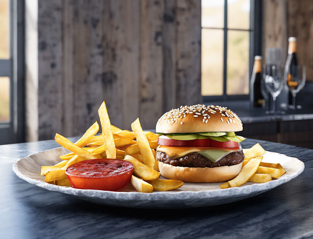 Classic Cheeseburger with Lettuce, Tomato, Onions, Fries, and Ketchup on