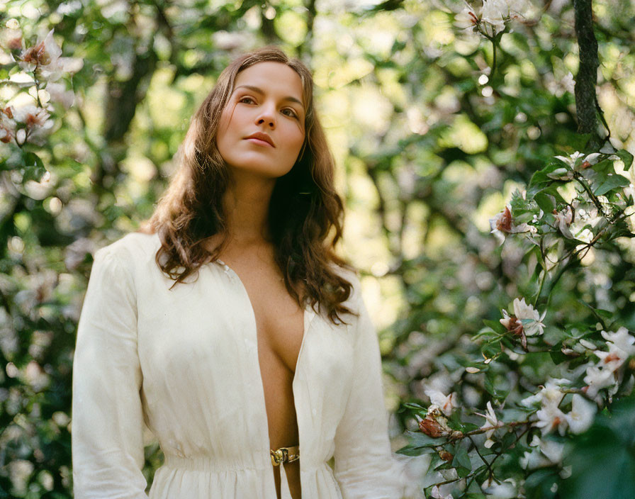 Woman in White Dress with Deep Neckline Among Flowering Shrubs