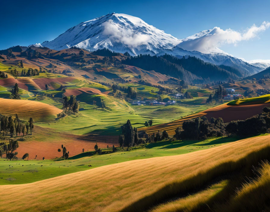 Snow-capped mountains and agricultural fields under clear blue sky