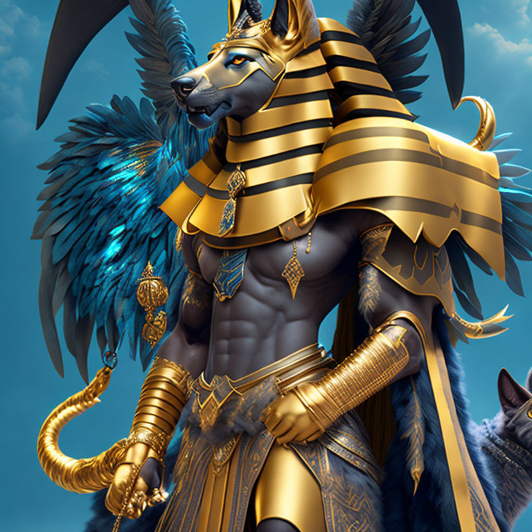 Egyptian-Inspired Jackal Character in Golden Armor with Blue Wings