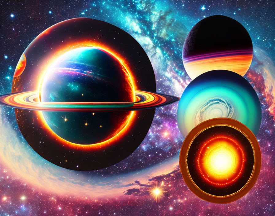 Colorful cosmic scene with planets, galaxies, and stars.