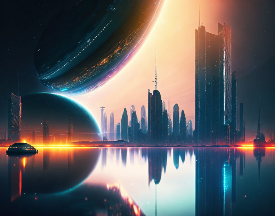 Futuristic cityscape with neon lights, planets, and flying vehicles