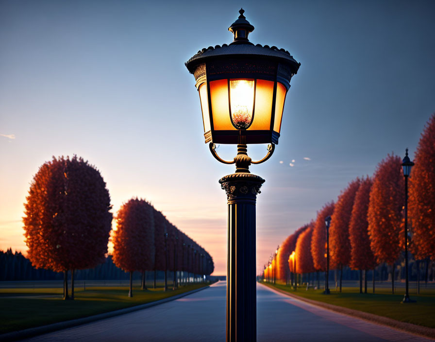 Vintage street lamp illuminating tree-lined avenue at twilight