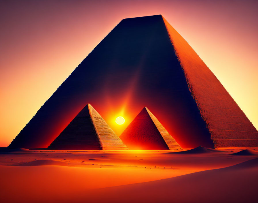 Stunning sunset over Great Pyramids in desert landscape