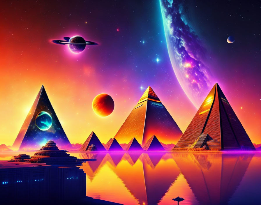 Colorful Sci-Fi Landscape with Pyramids, Lake, Planets, and UFO