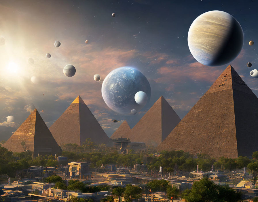 Surreal landscape with Egyptian pyramids, city, planets, and moons