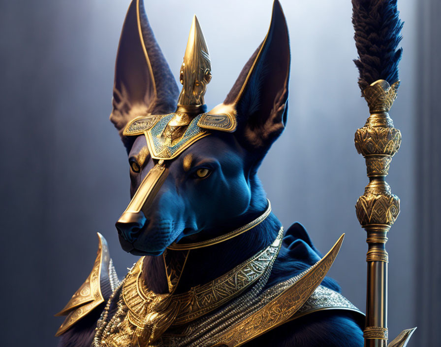 Majestic black dog in golden armor with spear