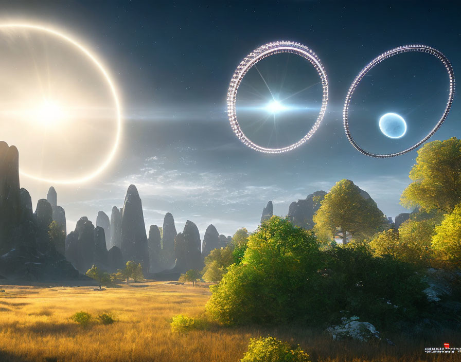 Futuristic landscape with dual suns, rock formations, and mysterious rings