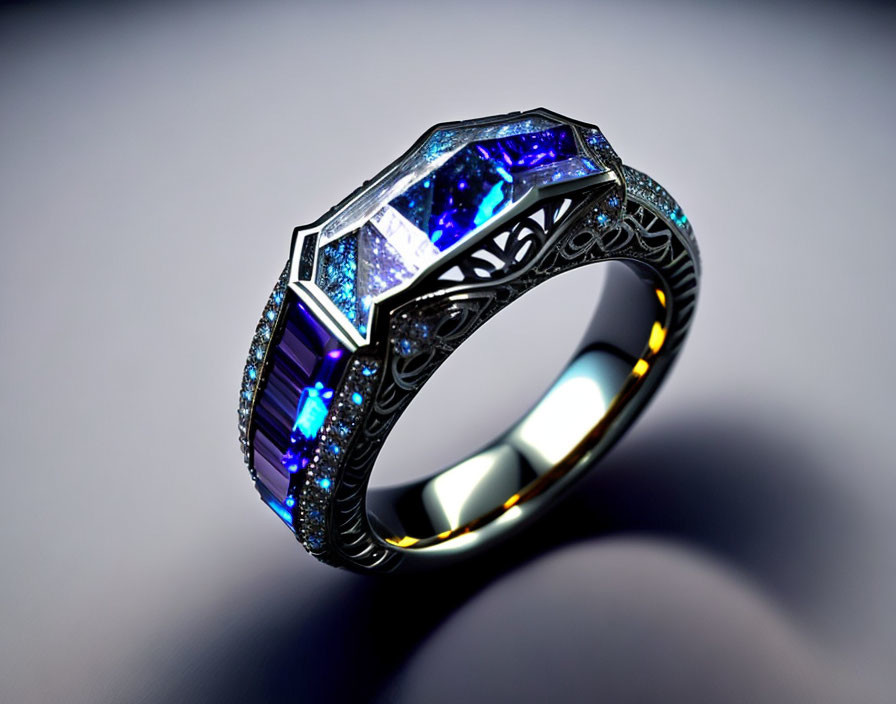 Hexagonal and trapezoid blue gemstones on ornate black band