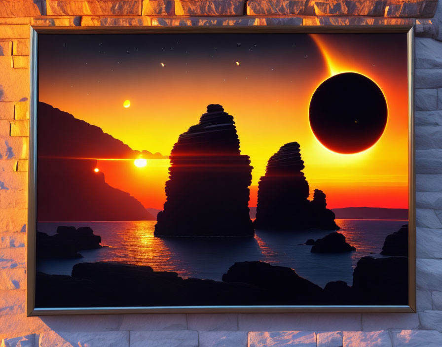 Surreal landscape with multiple suns and moon over sea stacks at sunset in framed art