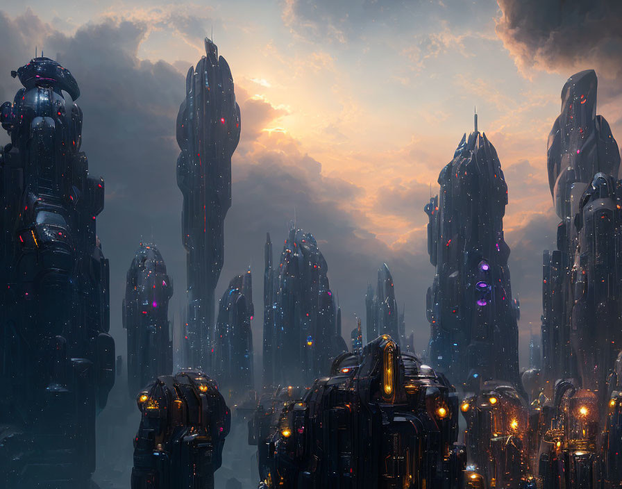 Futuristic cityscape at dusk with illuminated skyscrapers