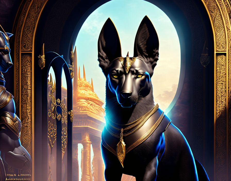 Black regal dog with golden ornaments against ornate arching structure