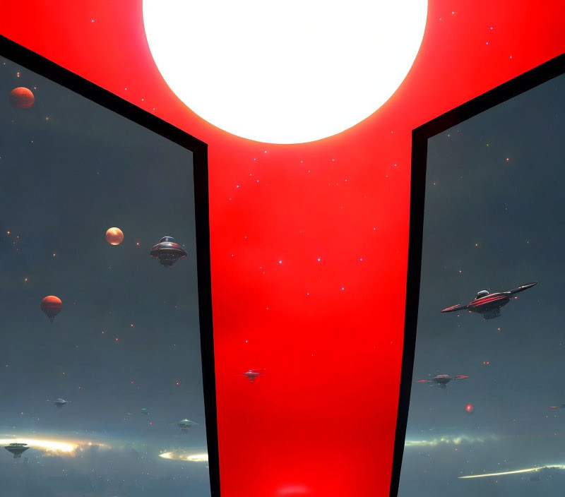 Futuristic sci-fi scene with giant red structure and spaceships in starry sky