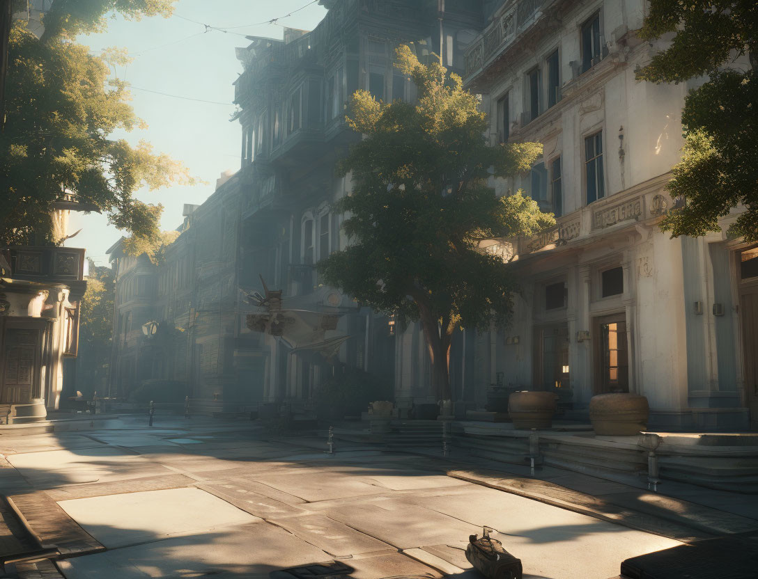 Historical buildings, vintage car, and sunlight on a peaceful street