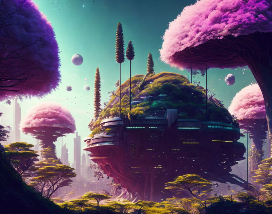 Colorful alien landscape with floating islands and futuristic structures.