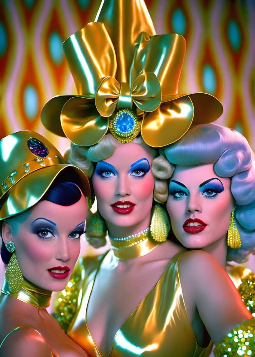 Three women in glamorous makeup with golden headpieces and outfits on psychedelic background.