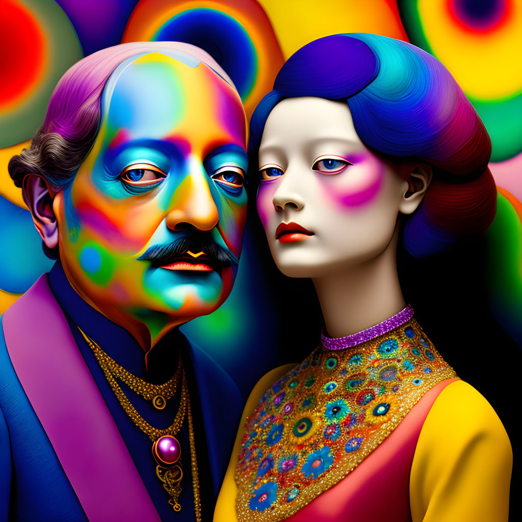 Vibrant surreal portrait of mustached man and woman with blue hair