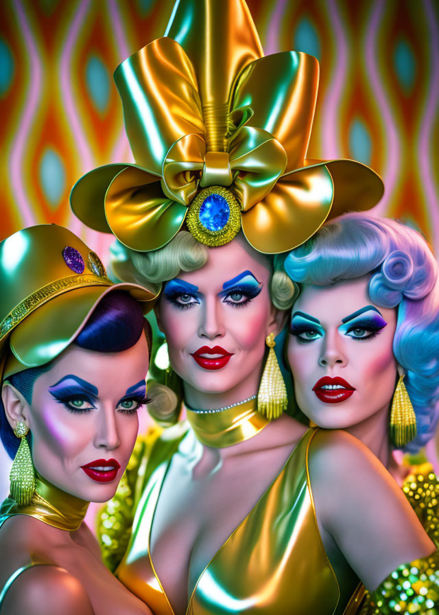 Three individuals in vibrant makeup and elaborate costumes against a psychedelic background.