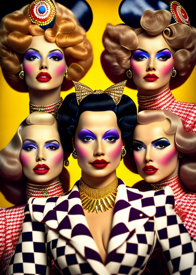 Vintage hair and vibrant makeup on five women with checkerboard patterns against a yellow backdrop.