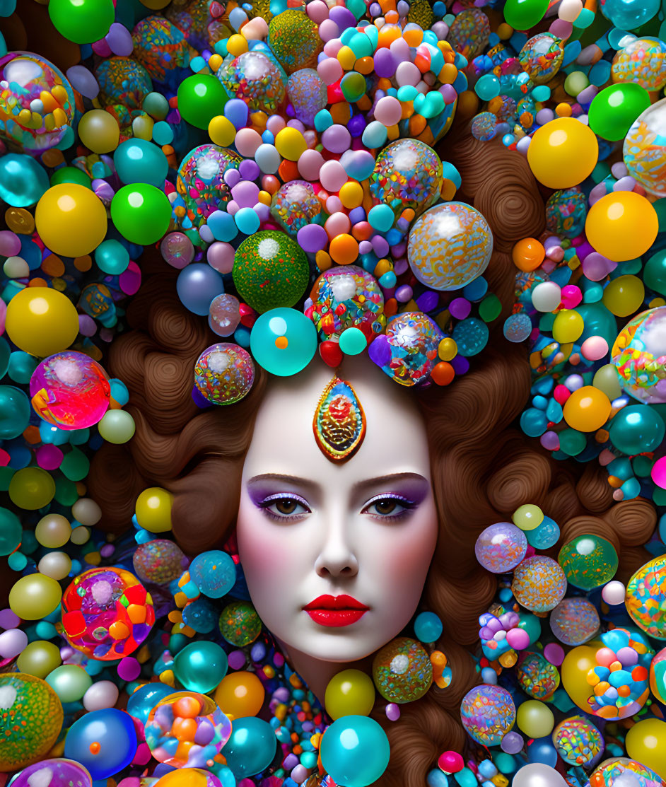 Colorful spheres surround woman with intricate hairstyle and gem-adorned makeup