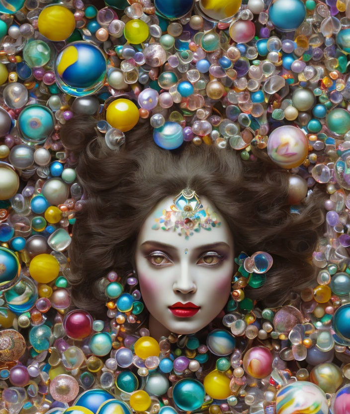 Surreal portrait of woman with elaborate makeup and gemstone decorations among colorful marbles