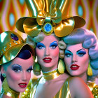 Three individuals in vibrant makeup and elaborate costumes against a psychedelic background.