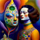 Vibrant surreal portrait of mustached man and woman with blue hair