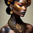 Woman with Golden Floral Makeup and Hair Styling Featuring Bee Accessory