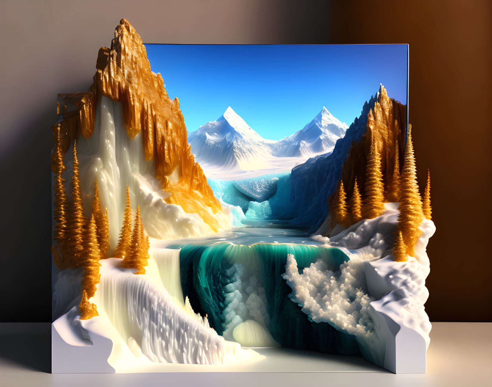 Surreal 3D Artwork: Snowy Mountains, Waterfall, Autumn Trees on Open