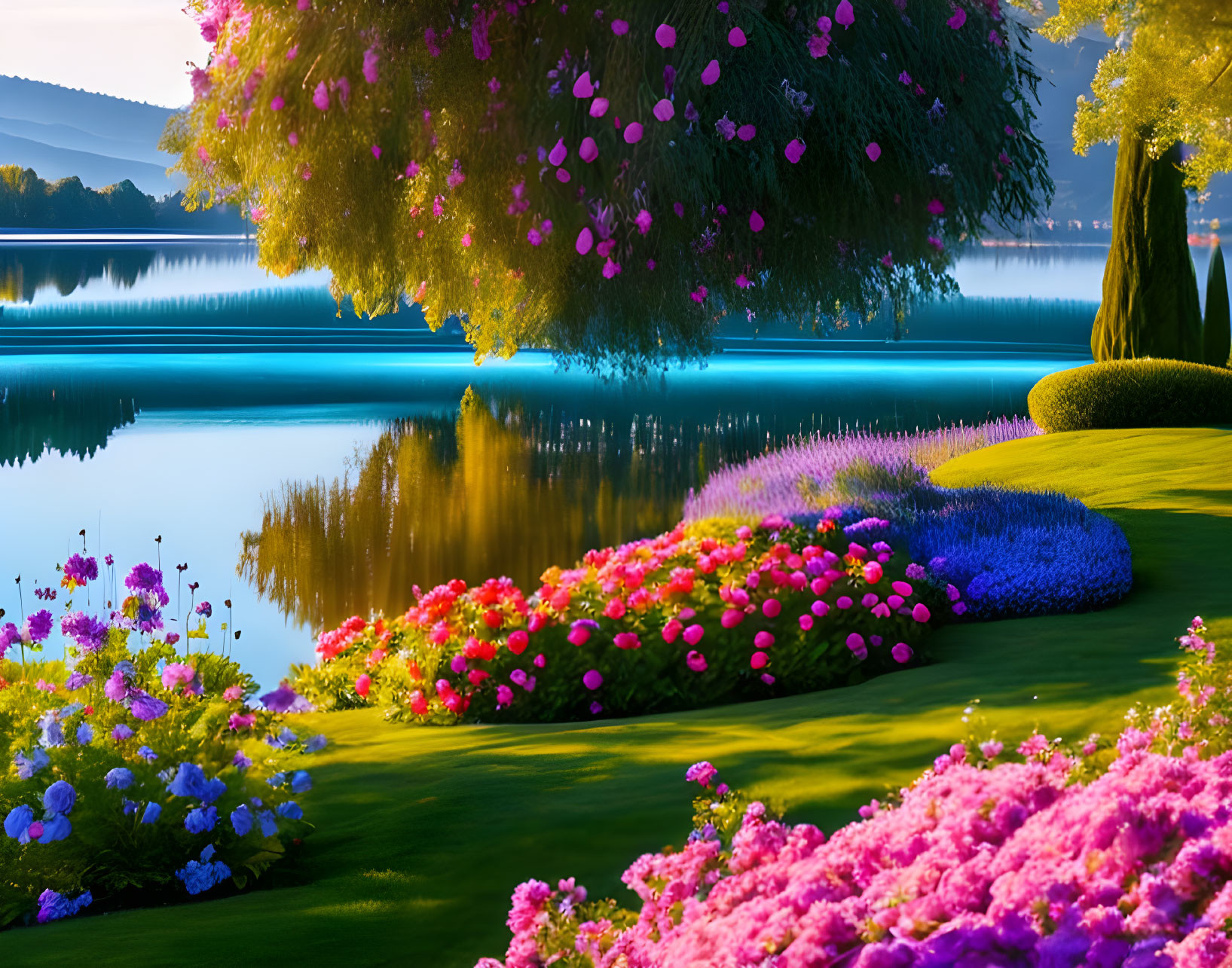 Tranquil lakeside garden with colorful flowers, weeping willow, and calm water at sunset