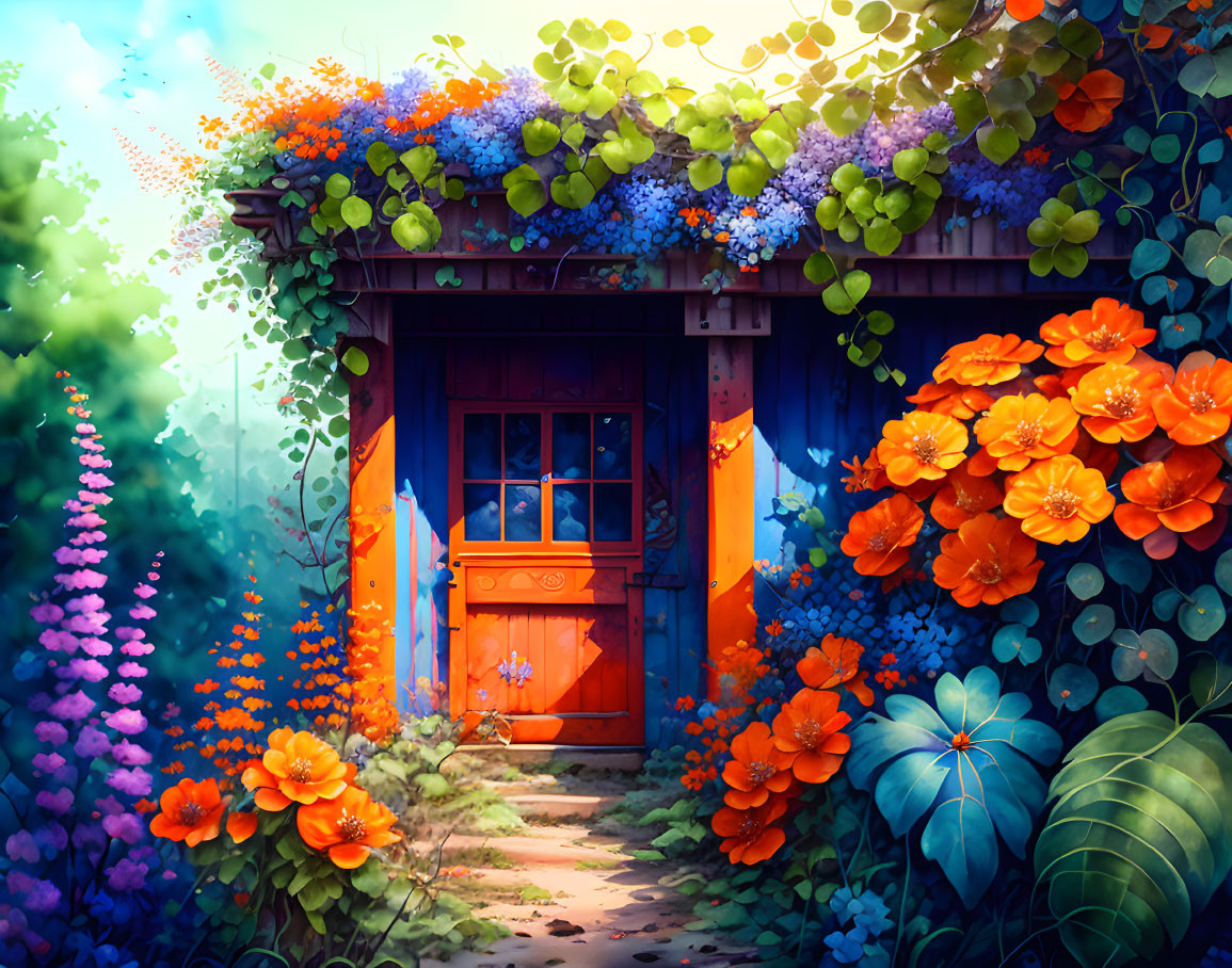 Whimsical cottage door with vibrant flowers and warm glow