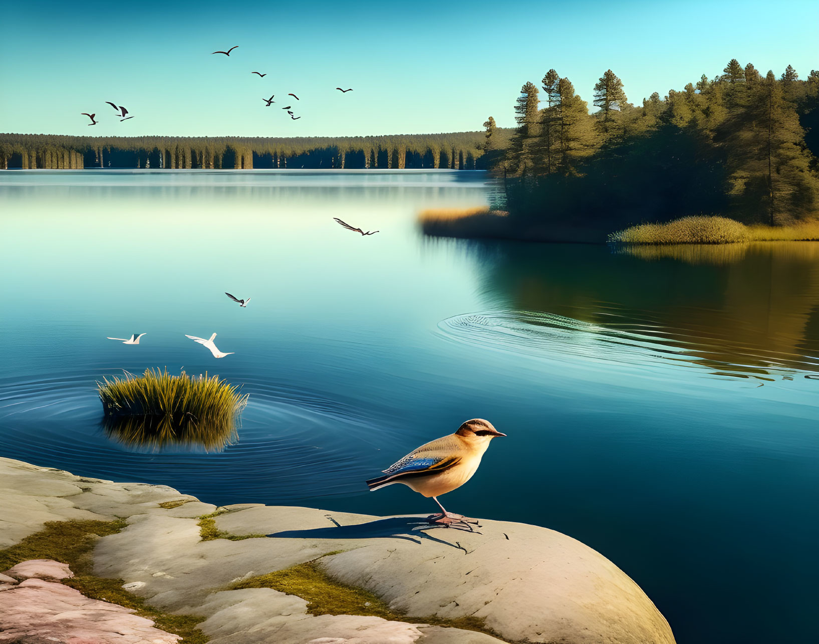 Bird perching on rock by serene lake with trees and blue sky