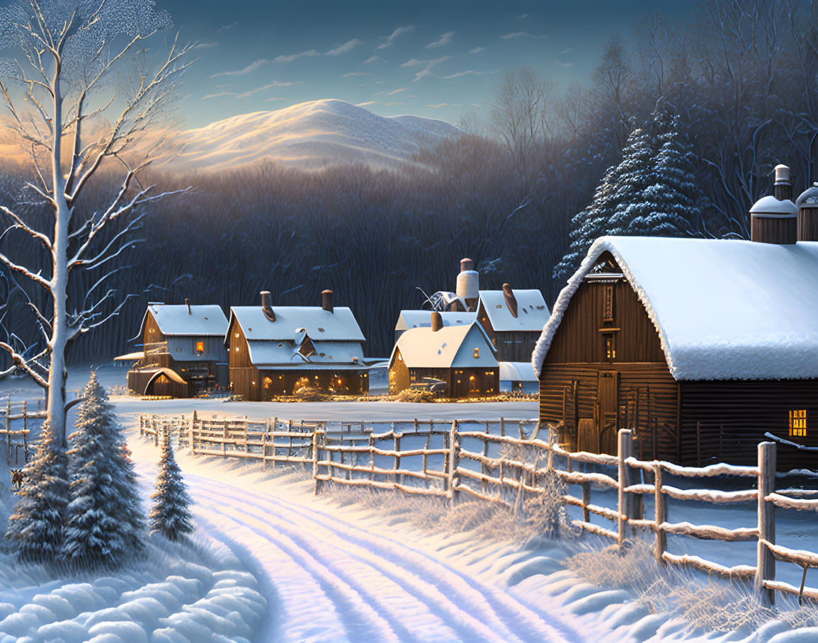 Winter village scene with snow-covered houses, trees, and mountains at dusk